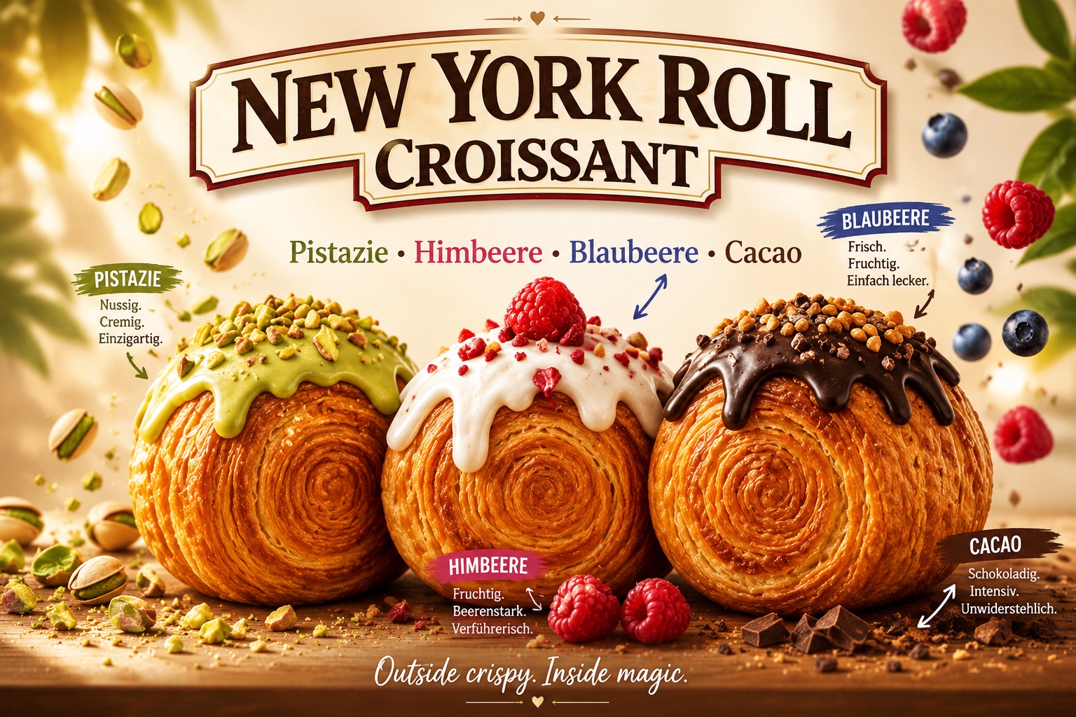 New York Roll Croissant in vier Sorten: Pistazie, Himbeere, Blaubeere und Cacao