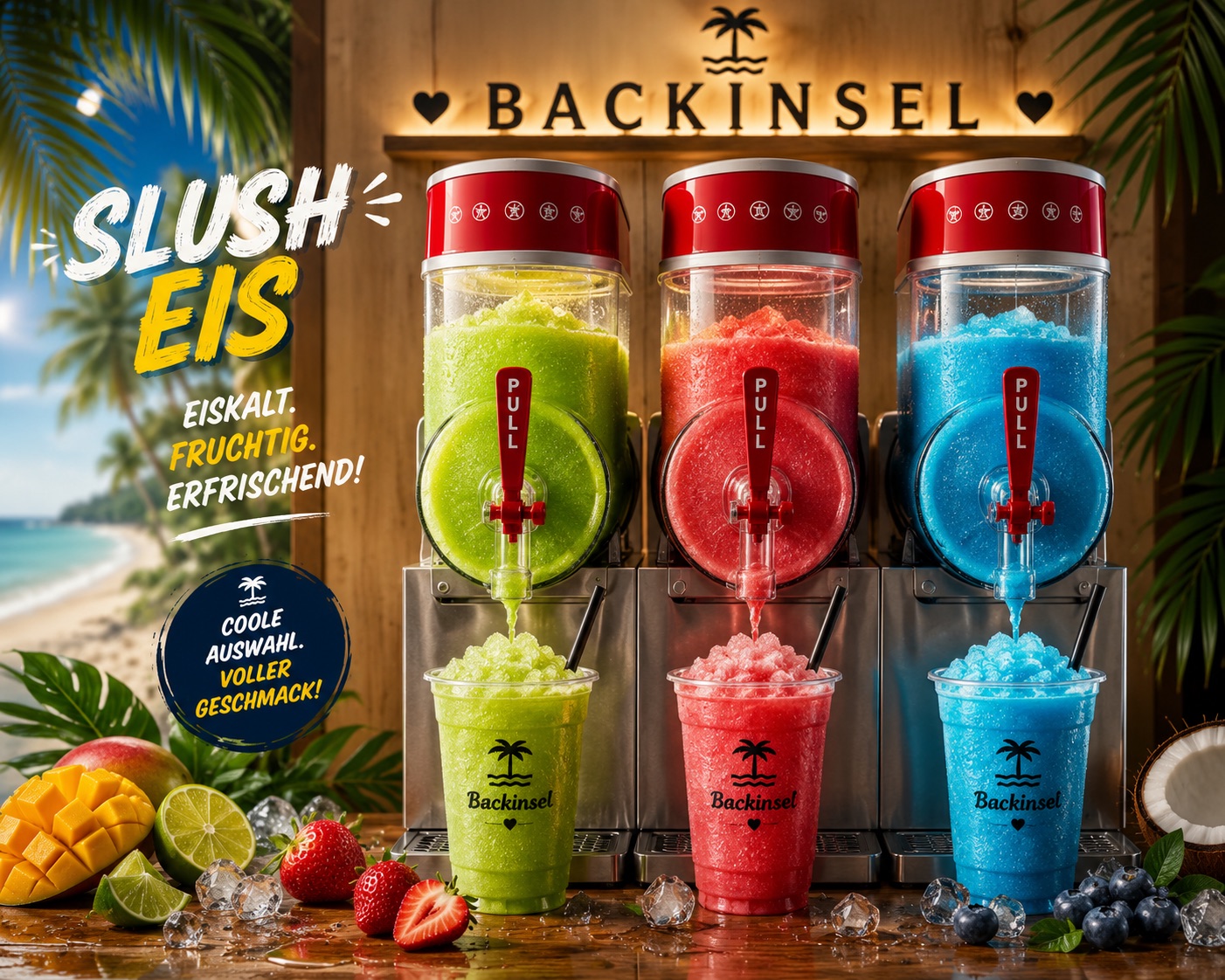 Slush Eis in drei Sorten — eiskalt, fruchtig und erfrischend