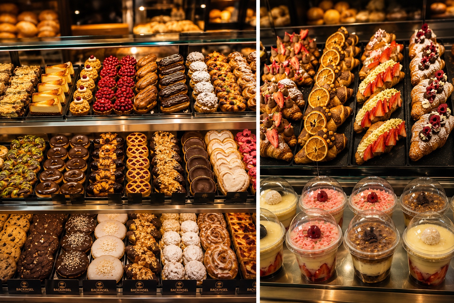 Volle Backinsel Vitrine mit Kuchen und Gebäck